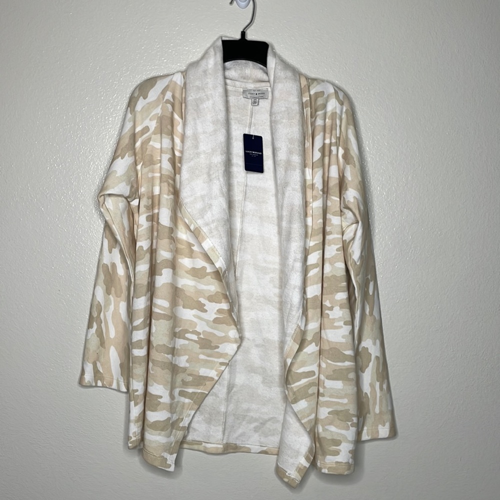 New Lucky Brand Camo Open Cardigan sz Small Beige/White/Tan
